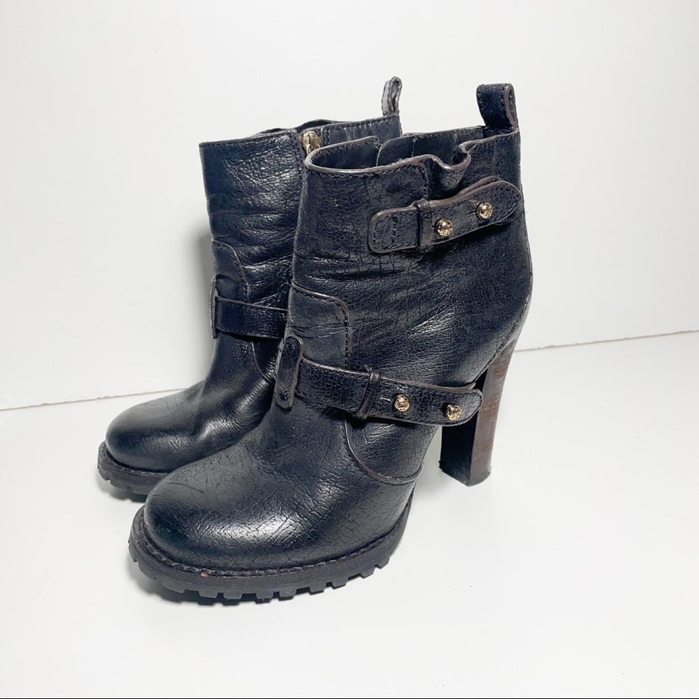 TORY BURCH Leather Moto Bootie Boots Heeled Strap Detail Size 7.5 - Picture 3 of 10